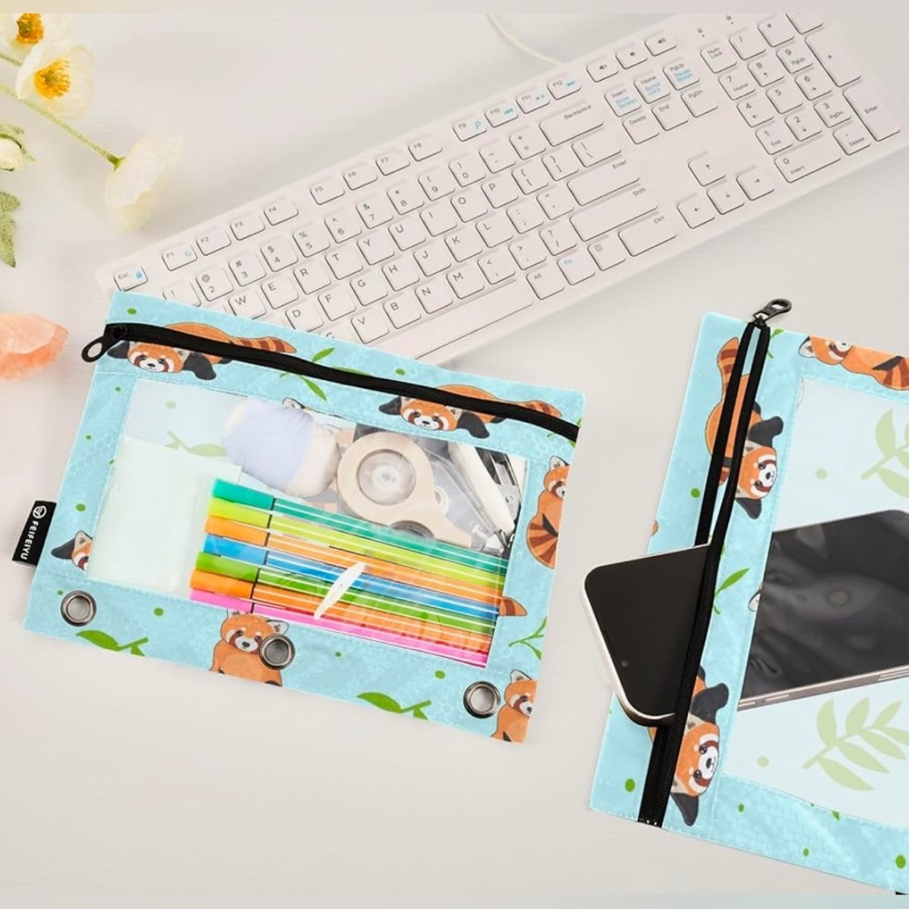 NWOT Feifeiyu Aqua Red Panda 3-Ring Binder Zippered Pencil Case